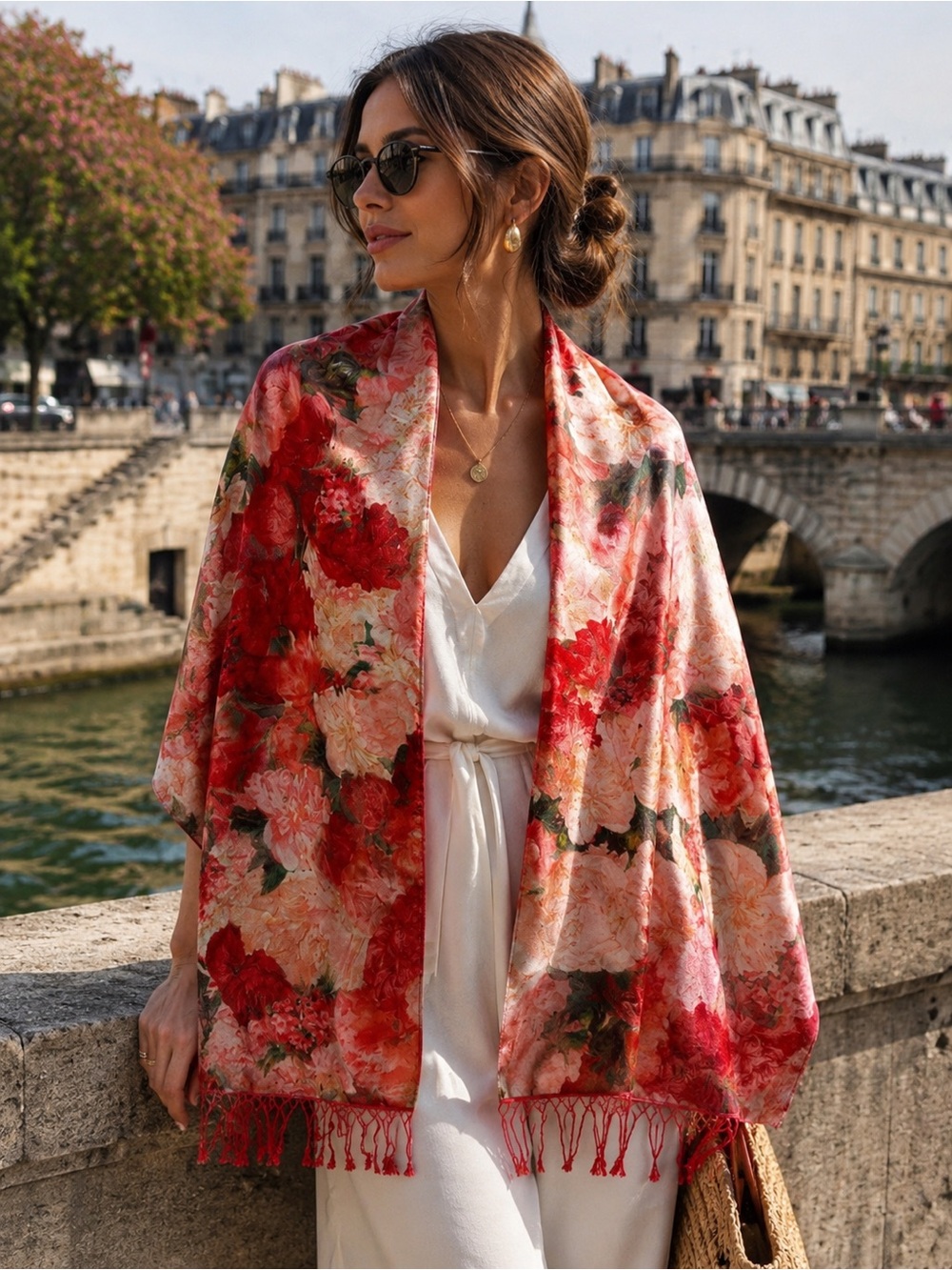 Floral Satin Fringe Shawl Wrap Pink Red One Size Boho Wedding Elegant Garden